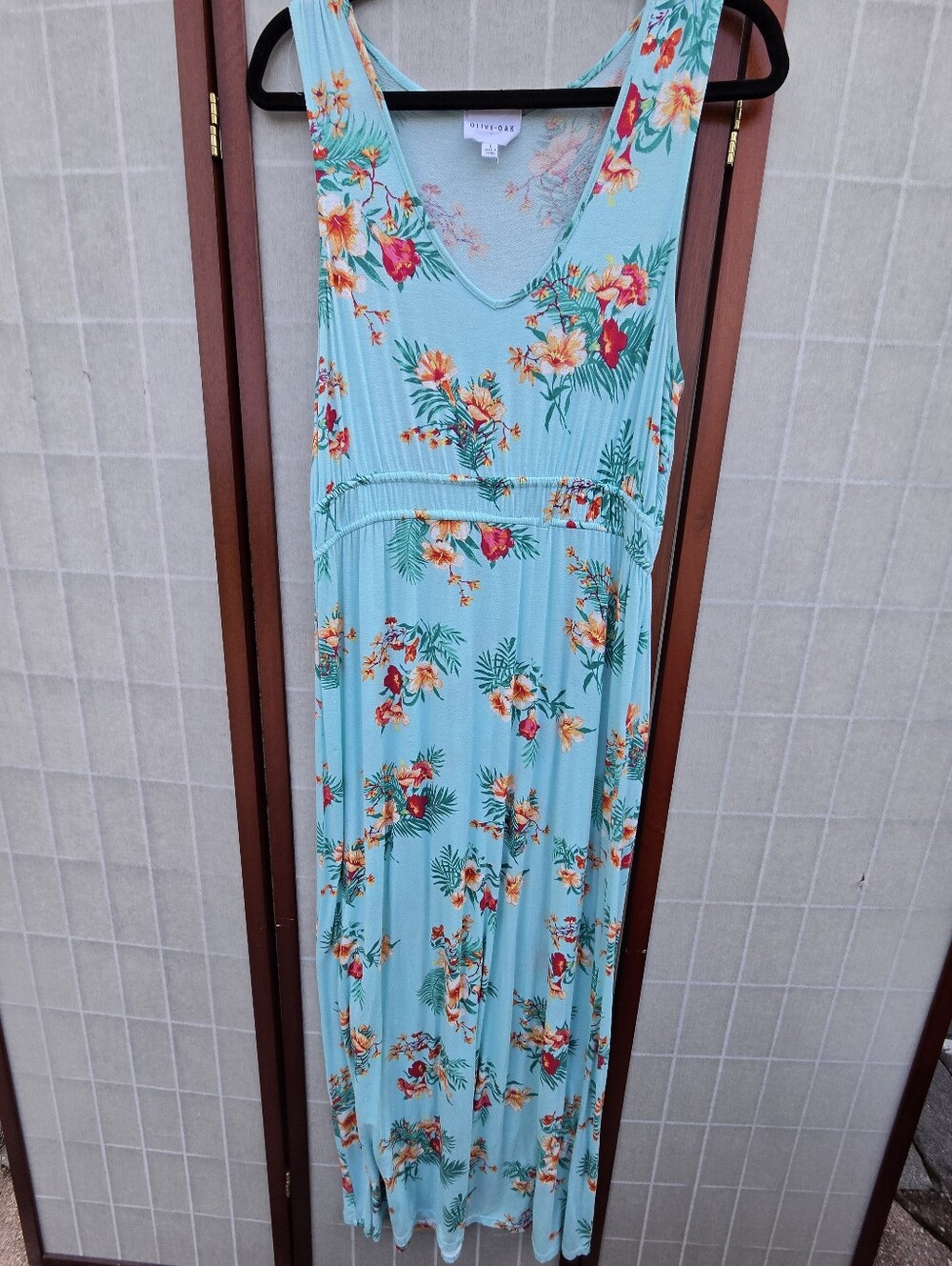 Olive + Oak Tropical Floral V-Neck Maxi Dress Aqua Blue L Beach Coastal Hawaiian